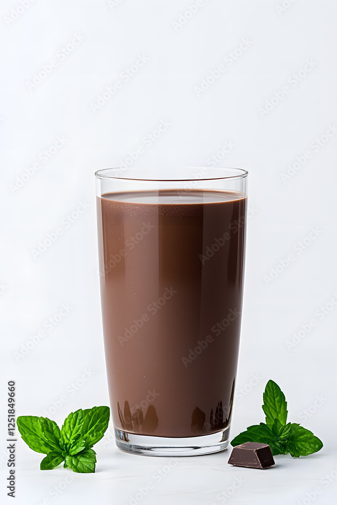 Glass of chocolate milk on white backdrop Glass of chocolate milk on white backdrop