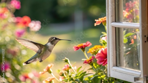 Hummingbird hovering near vibrant flowers by the window