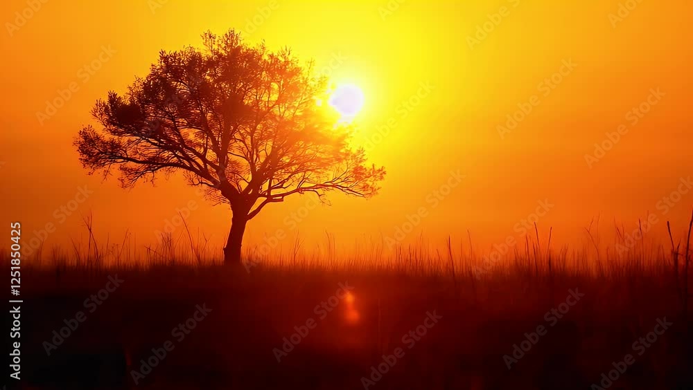 Lone Tree Silhouette Against Warm Sunset Glow in Golden Field Lone Tree Silhouette Against Warm Sunset Glow in Golden Field
