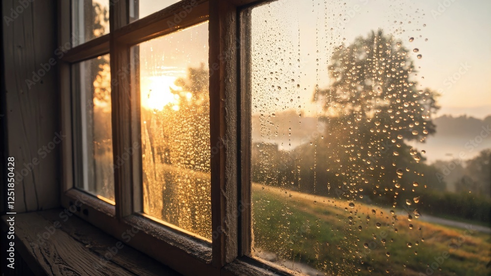 Fototapeta premium Sunrise view through a misty window with raindrops