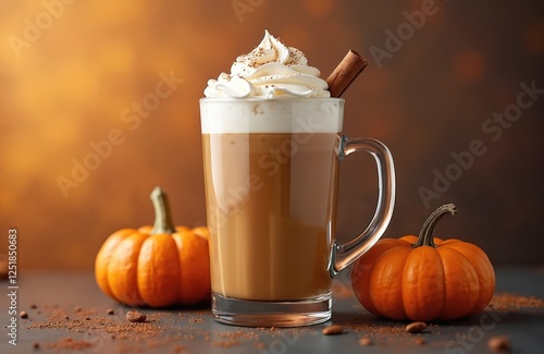 Fototapeta Naklejka Na Ścianę i Meble -  Warm pumpkin spice latte in glass cup garnished with cinnamon. Pumpkins on gradient brown background. Creamy cappuccino delicious beverage. Autumn seasonal hot sweet drink. Festive mood. Cinnamon