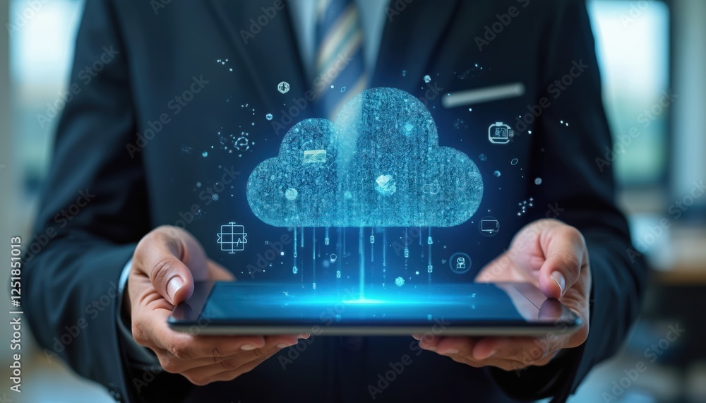 Fototapeta premium Hands holding tablet with holographic cloud computing. Data security concept on blurred office background. Safe protection of business tech, creative digital innovation, information cyberspace,