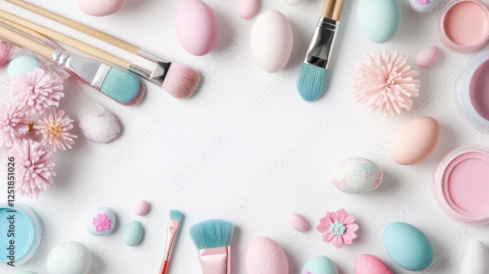 Colorful Easter crafts displayed on a white table showcasing paints, brushes, and blank eggs for decoration Colorful Easter crafts displayed on a white table showcasing paints, brushes, and blank eggs for decoration