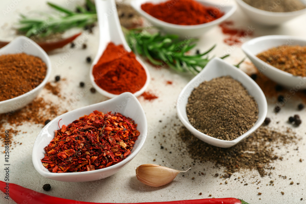Composition with bowls of different fresh spices on light background Composition with bowls of different fresh spices on light background