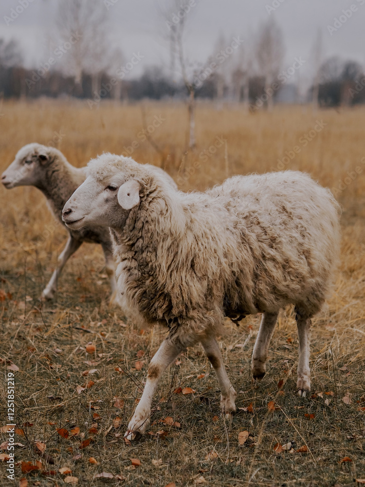 Fototapeta premium White sheep grazing in autumn meadow