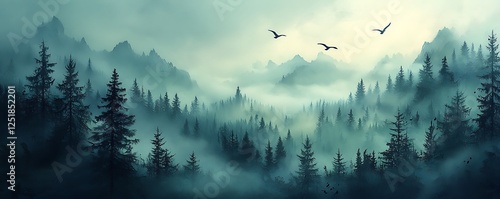 Mystical mountain range shrouded in fog, with dense forests and birds soaring gracefully in the sky