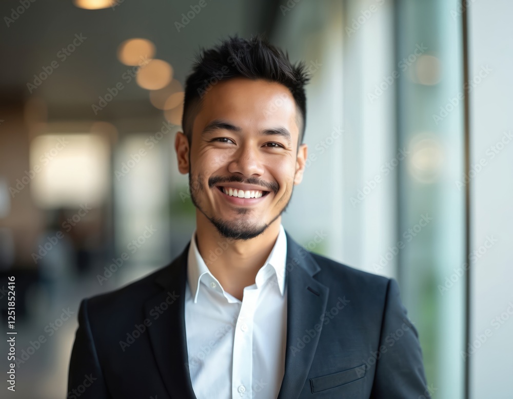 Confident Asian businessman smiles wearing formal suit in office. Executive looks cheerful, positive. Modern professional, success concept. Leadership example. Corporate lifestyle representation. Confident Asian businessman smiles wearing formal suit in office. Executive looks cheerful, positive. Modern professional, success concept. Leadership example. Corporate lifestyle representation.