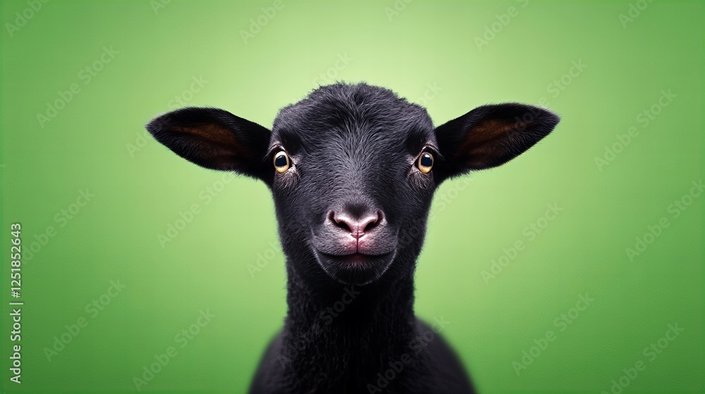 Close-up portrait of a black lamb with golden eyes against a green background. Close-up portrait of a black lamb with golden eyes against a green background.