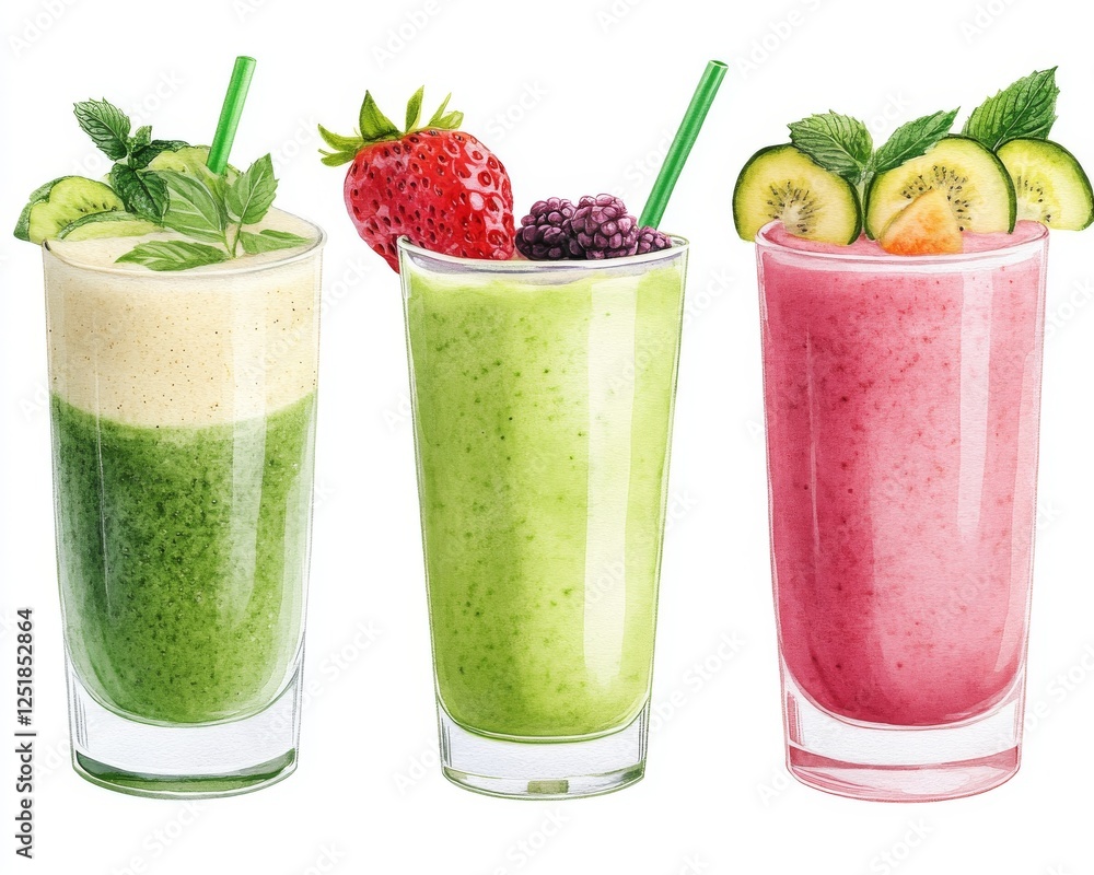 Refreshing smoothies in vibrant colors, featuring green, pink, and berry flavors Refreshing smoothies in vibrant colors, featuring green, pink, and berry flavors