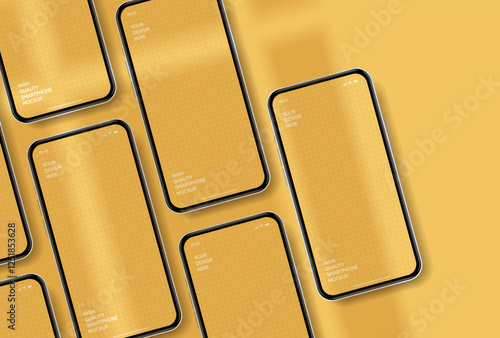Realistic smartphone mockup. Mobile phone vector with isolated on white background. Device front view. 3D mobile phone with shadow. Realistic, high quality smart phone mockup for ui ux presentation.