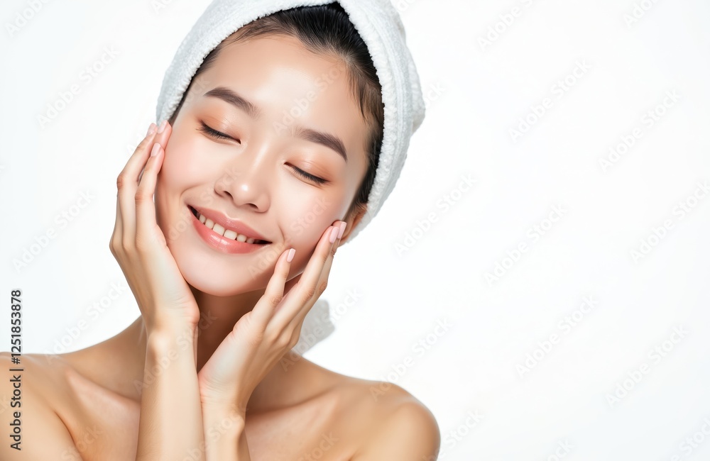 Smiling asian lady touches face after spa skincare treatment. She is happy with clean fresh skin, towel on her head on light background. Natural beauty concept. Smiling asian lady touches face after spa skincare treatment. She is happy with clean fresh skin, towel on her head on light background. Natural beauty concept.