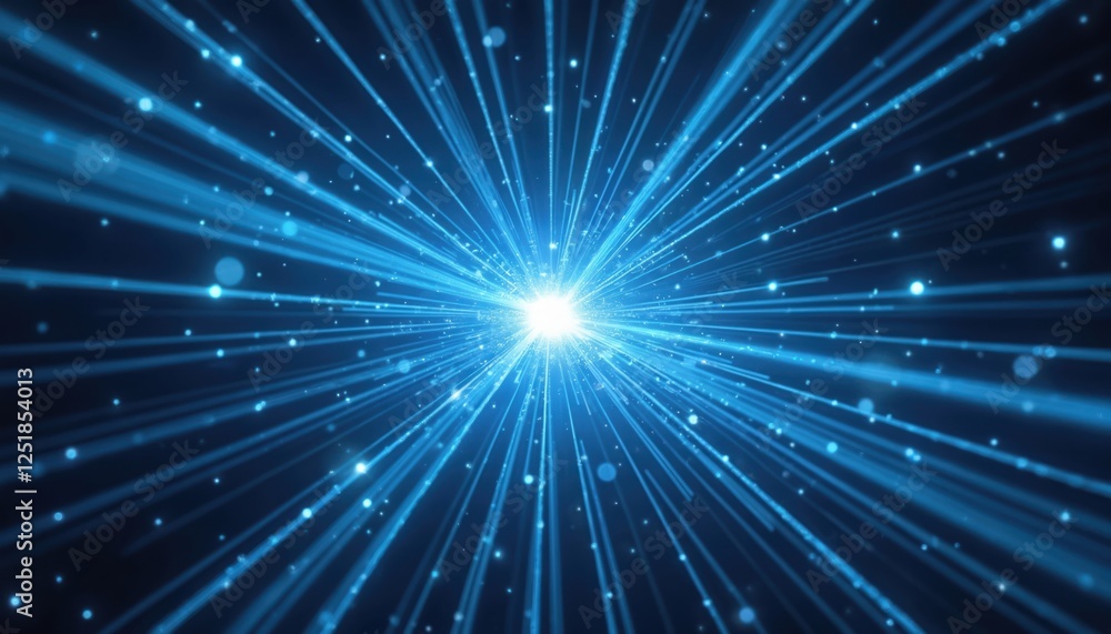 Naklejka premium Illustration of blue light beams emanating from central white star. Lines convey sense of speed, motion, tech. Energy bursts, zoom effect create dynamic, futuristic feel. Good for space travel,