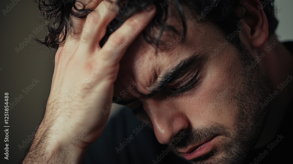 A man expresses deep frustration and despair while holding his head, surrounded by a dimly lit room. His furrowed brow and clenched eyes suggest mental anguish A man expresses deep frustration and despair while holding his head, surrounded by a dimly lit room. His furrowed brow and clenched eyes suggest mental anguish