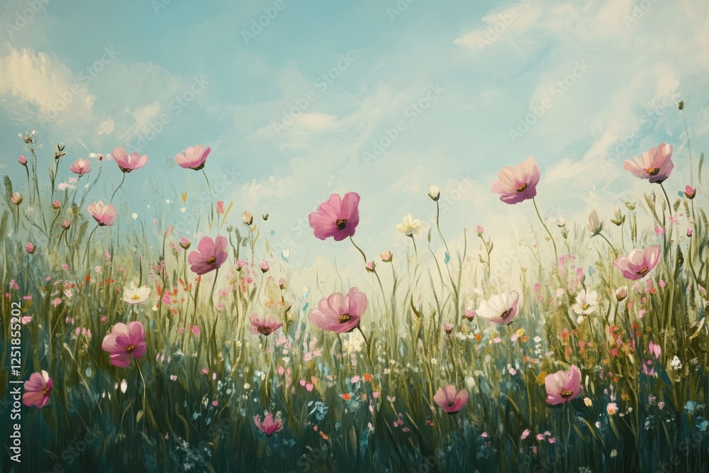 Obraz premium A Painted Meadow of Pink and White Wildflowers Under a Blue Sky
