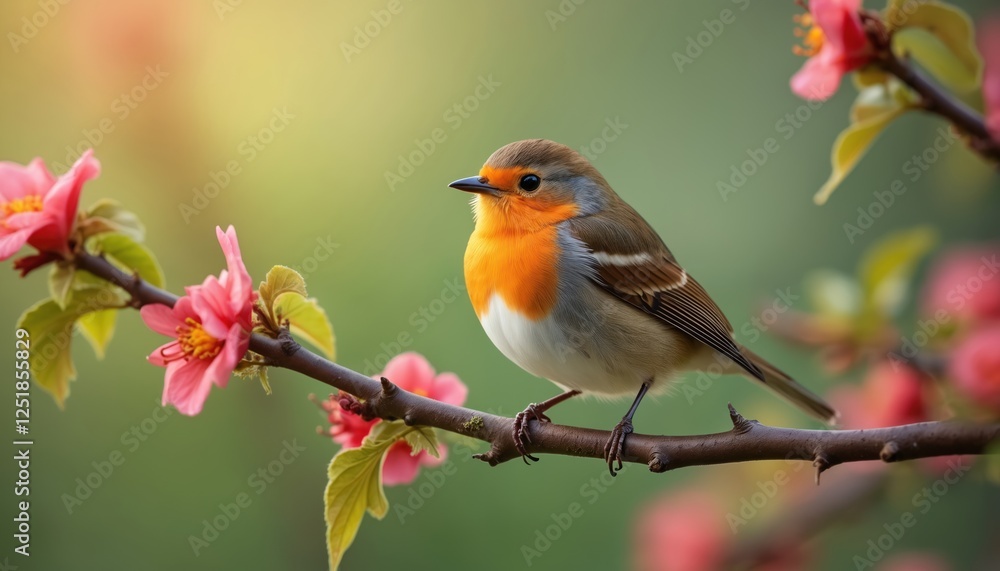 Close-up of European robin perched on blooming branch with pink flowers. Spring nature scene with small bird. Wildlife animal with orange breast, brown wings on tree. Avian fauna in garden. Close-up of European robin perched on blooming branch with pink flowers. Spring nature scene with small bird. Wildlife animal with orange breast, brown wings on tree. Avian fauna in garden.