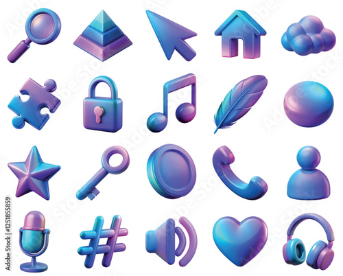 Collection of gradient blue and purple 3d icons for mobile app or website design