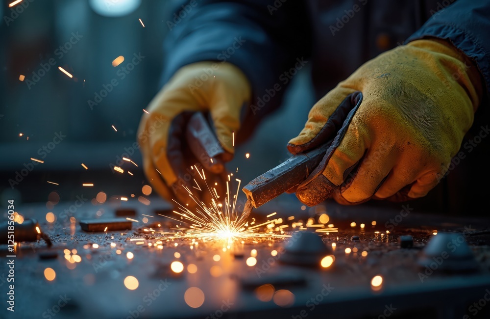 Protective gloved hands working metal with sparks. Metalworking, steel industry illustration. Metal processing by manual grinding. Generative AI image, equipment, sparklers. Welder in gloves at Protective gloved hands working metal with sparks. Metalworking, steel industry illustration. Metal processing by manual grinding. Generative AI image, equipment, sparklers. Welder in gloves at