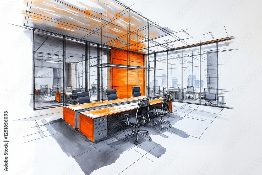 Architectural sketch of a modern office building featuring a conference room, highlighting innovation, corporate design, and professional workspace planning, Generative AI Architectural sketch of a modern office building featuring a conference room, highlighting innovation, corporate design, and professional workspace planning, Generative AI