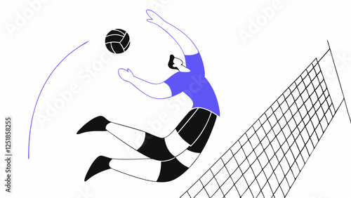A volleyball player is mid-air, leaping to hit the ball over the net. The simplistic design features bold colors and dynamic movement, capturing the essence of athletic action.AI