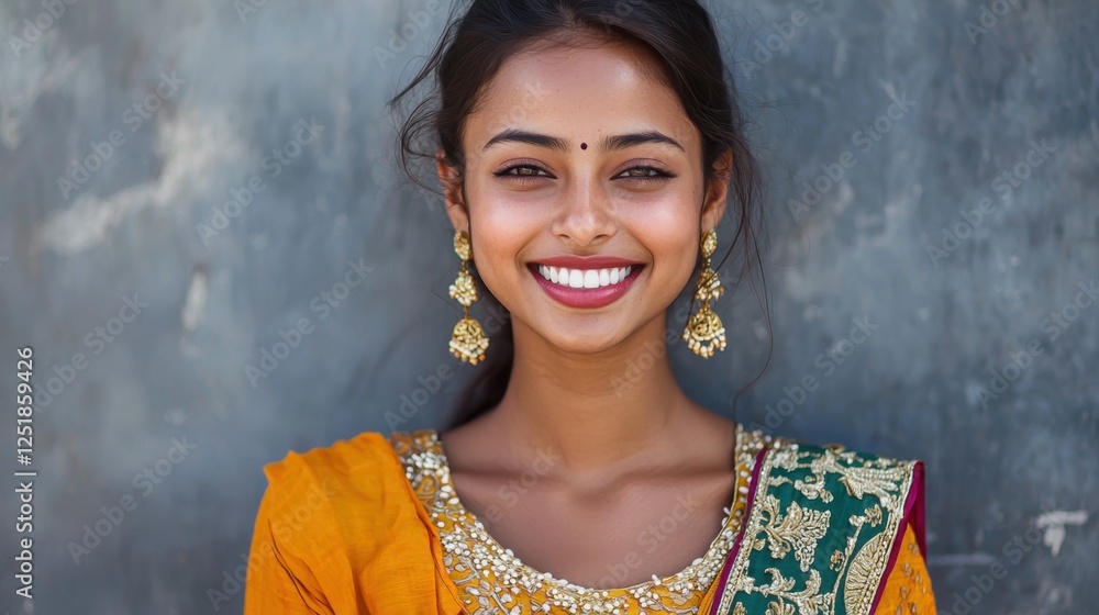 Fototapeta premium A woman wearing a yellow and green sari is smiling
