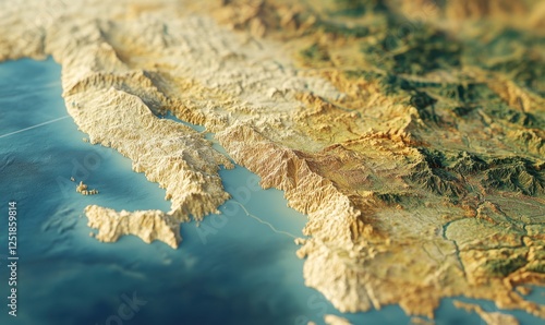 Coastal mountain range terrain, aerial view, geographical features, diverse landscape, nature background, travel brochure