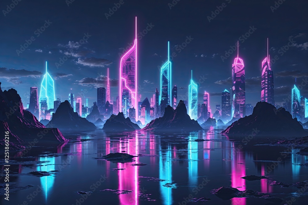 Fototapeta premium Neon Skyline Digital Abstract Technology Wallpaper for Gaming Aesthetic