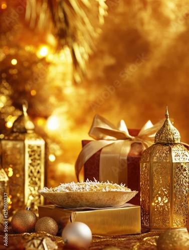 Festive Golden Gift and Sweet Treat with Lanterns Luxurious Holiday Scene photo