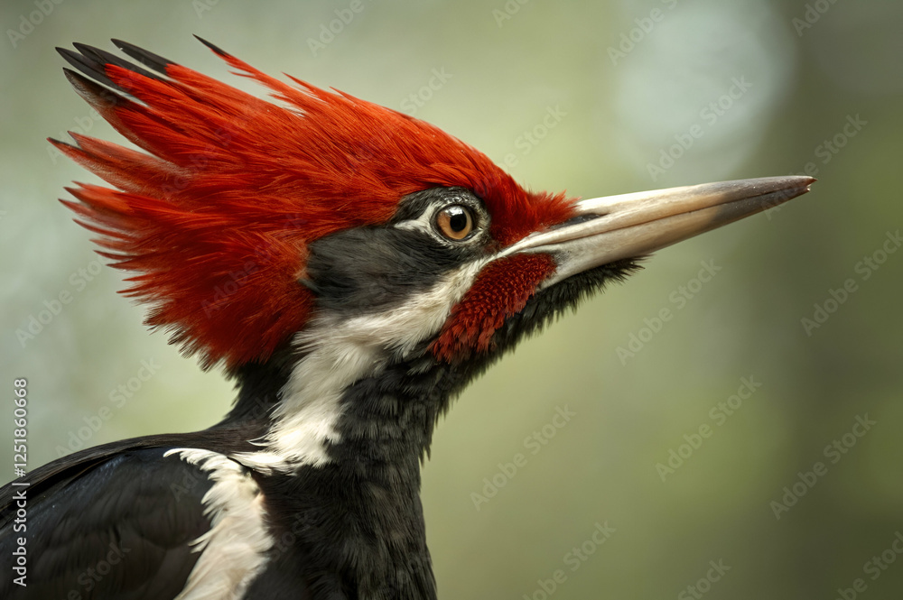 Fototapeta premium Ivory-Billed Woodpecker, A striking close-up of a woodpecker, showcasing its vibrant red crest and black-and-white plumage against a blurred green background.