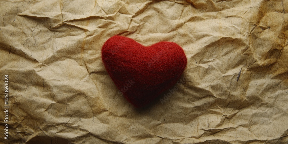A single felt red heart lies on crumpled beige paper, creating a warm rustic scene with textured details and soft lighting A single felt red heart lies on crumpled beige paper, creating a warm rustic scene with textured details and soft lighting
