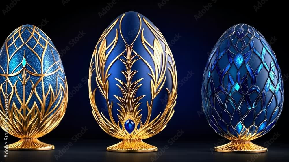 Ornate blue and gold decorative eggs with intricate designs on black background. Happy Easter Ornate blue and gold decorative eggs with intricate designs on black background. Happy Easter