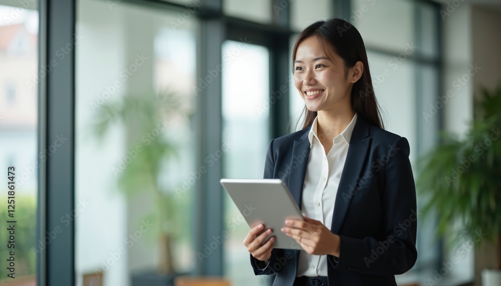 Smiling asian businesswoman stands in office holding tablet device. Female manager looks outside. Modern workspace, bright interior create positive work. Young lady in suit plans project. Smiling asian businesswoman stands in office holding tablet device. Female manager looks outside. Modern workspace, bright interior create positive work. Young lady in suit plans project.