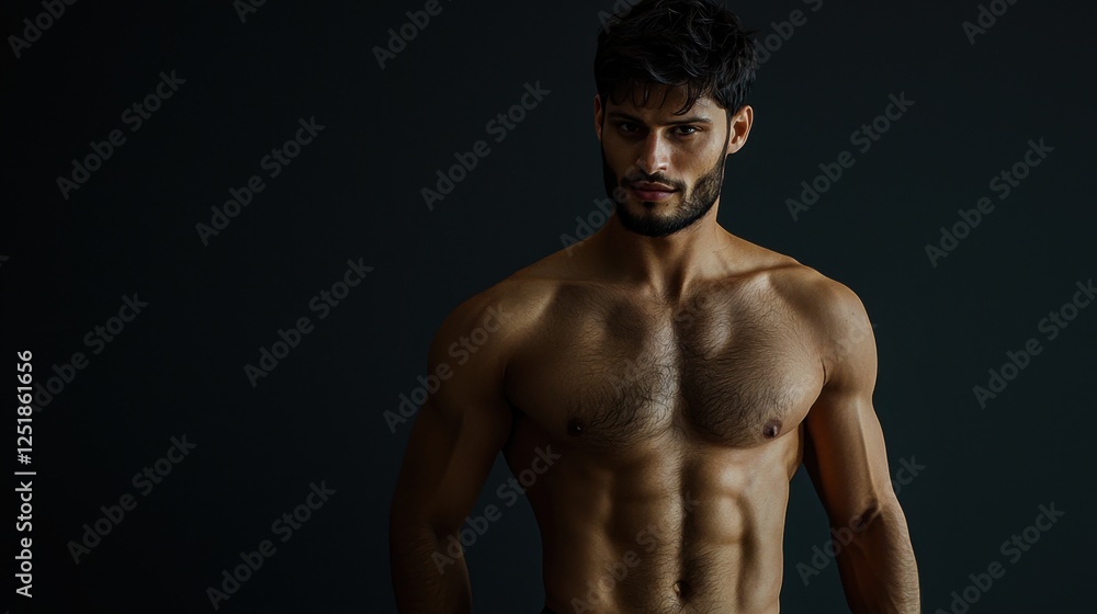 A man with a beard and a muscular chest stands in front of a dark background A man with a beard and a muscular chest stands in front of a dark background