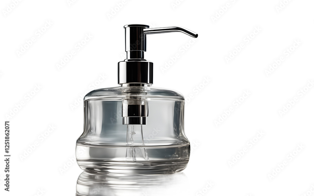 A transparent glass soap dispenser with a metal pump on a empty plain background A transparent glass soap dispenser with a metal pump on a empty plain background