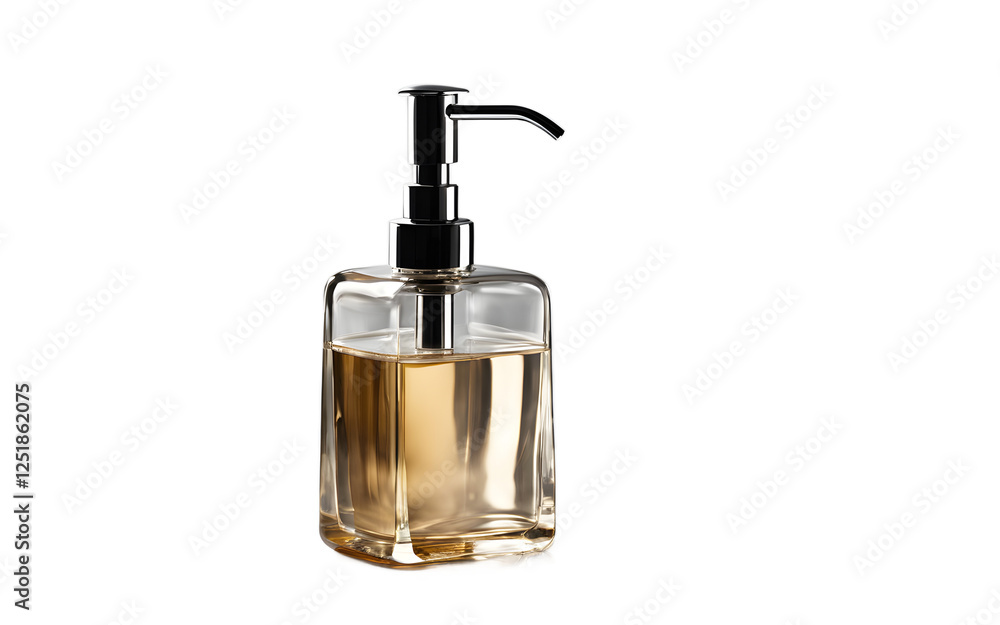 Fototapeta premium A transparent glass soap dispenser with a metal pump on a empty plain background
