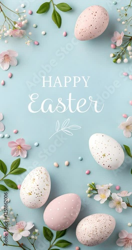 Easter Day greeting card with several eggs and a blue background