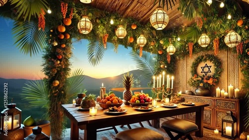 Twilight sukkah with glowing lanterns and lush foliage, surrounding a warmly lit dining table, creating a serene and festive atmosphere