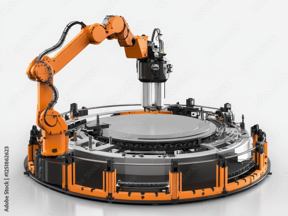 Advanced robotic arm operating 3D printer on circular platform, showcasing modern technology and precision in manufacturing. Advanced robotic arm operating 3D printer on circular platform, showcasing modern technology and precision in manufacturing.