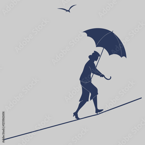 a tightrope walker balancing with an umbrella silhouette vector design art and illustration