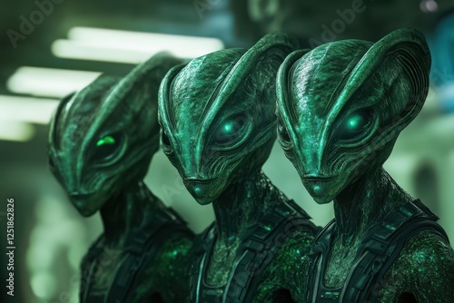 Three Green-Skinned Alien Beings with Glowing Eyes photo