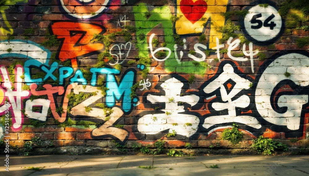 Naklejka premium Urban Decay: A Vibrant Brick Wall Adorned with Graffiti and Natural Moss Growth