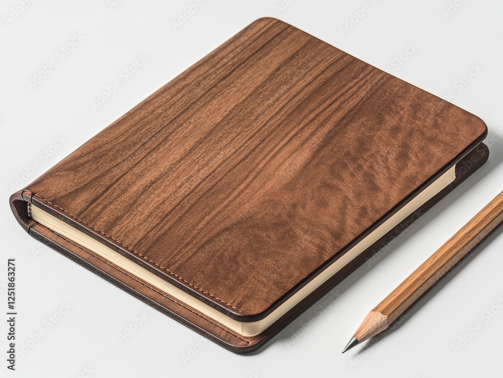 Elegant notebook with wooden cover and pencil beside it, perfect for writing. Elegant notebook with wooden cover and pencil beside it, perfect for writing.