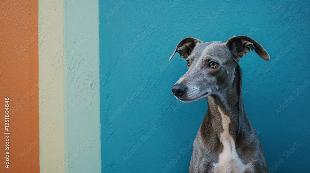 Italian Greyhound with Curious Expression Against Colorful Wall Italian Greyhound with Curious Expression Against Colorful Wall