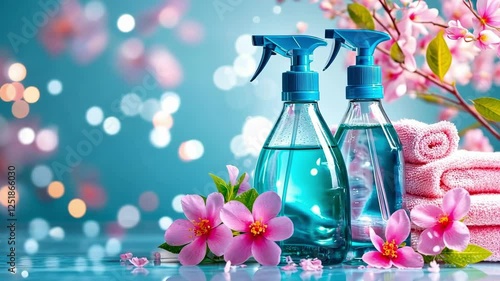 Sparkling bathroom cleaning scene with fresh flowers and towel arrangement
