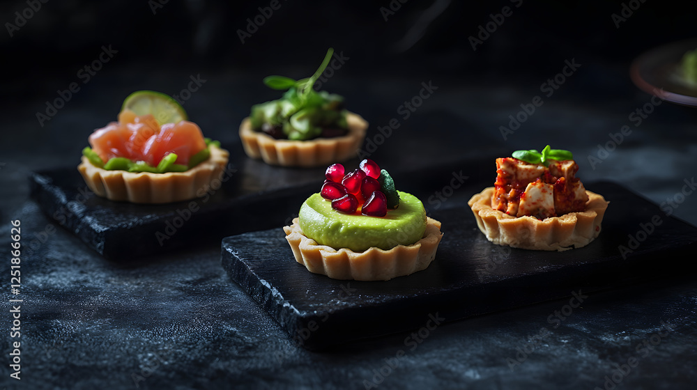 Elegant assorted savory tartlets with salmon, avocado cream, microgreens, pomegranate. Moody style. For food blogs, health articles, restaurant menus, banner Elegant assorted savory tartlets with salmon, avocado cream, microgreens, pomegranate. Moody style. For food blogs, health articles, restaurant menus, banner