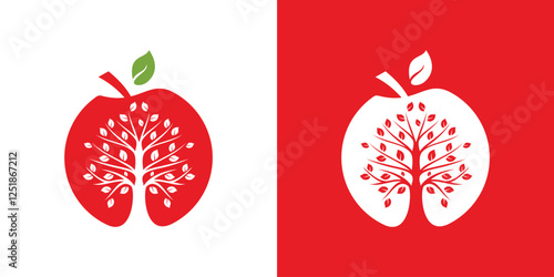 Apple fruit logo space tree negative, red apple and tree logo, icon, symbol, vector, illustration.