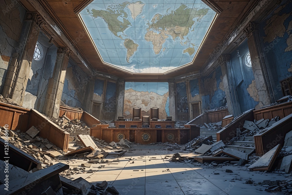 Obraz premium Viewpoint of the Ruined Summit Governance Chamber with Incomplete Map Background