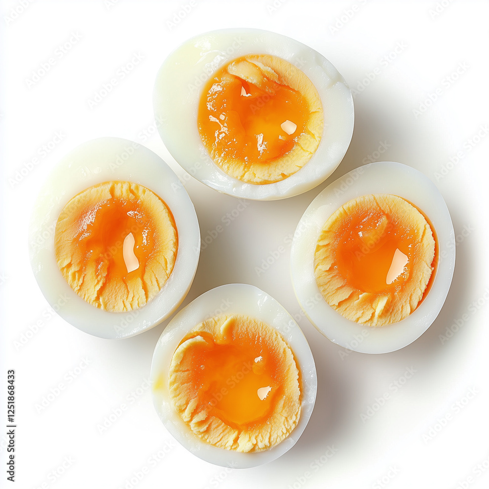 Top down view of Boiled eggs, isolated on white, food setting Top down view of Boiled eggs, isolated on white, food setting