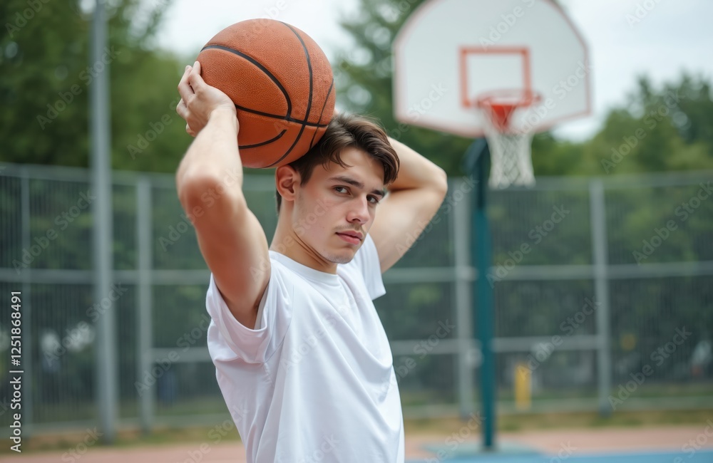 Young sportsman holds basketball over head. Man looks at camera on court. Athlete poses with ball training for game. Sport lifestyle concept for advertising. Young sportsman holds basketball over head. Man looks at camera on court. Athlete poses with ball training for game. Sport lifestyle concept for advertising.