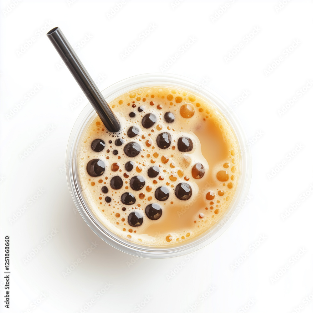 Overhead view of Bubble tea, isolated on white, photorealistic drink Overhead view of Bubble tea, isolated on white, photorealistic drink