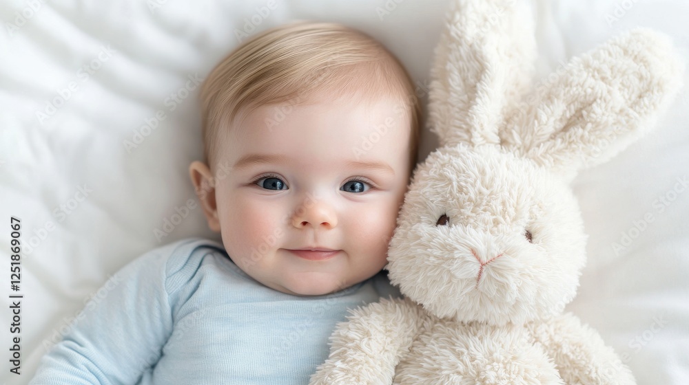 Baby boy with plush bunny, peaceful and happy, lying in bed, stock photo Baby boy with plush bunny, peaceful and happy, lying in bed, stock photo